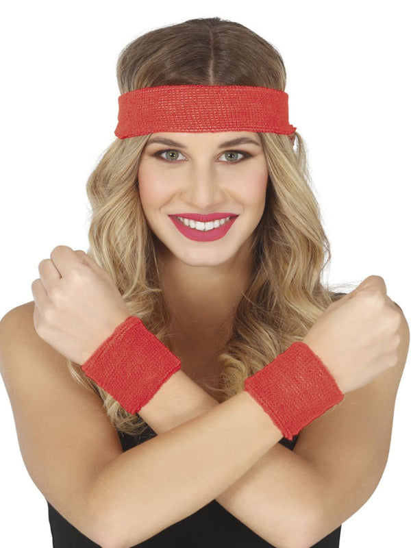 80S 2 SWEATBANDS AND HEADBAND RED