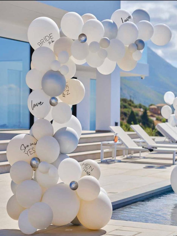 White & Silver Hen Party Balloon Arch Kit